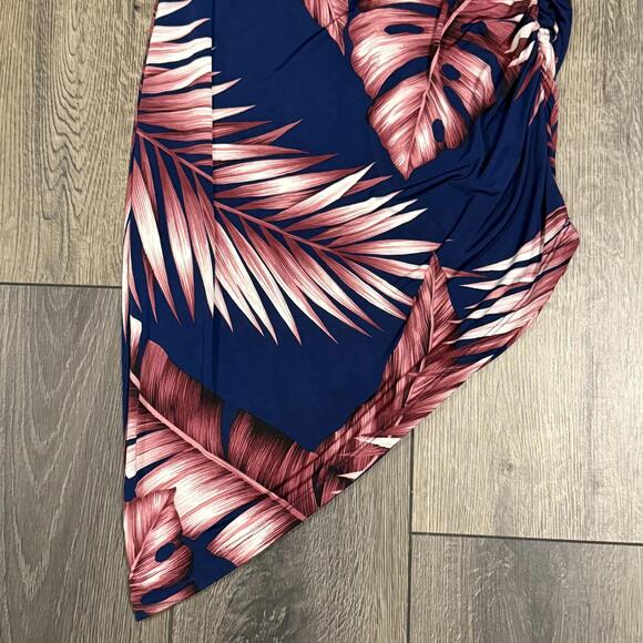 Windsor Tropical Palm Leaf Asymmetrical Ruched Bodycon Dress Navy Pink Medium - Picture 8 of 13